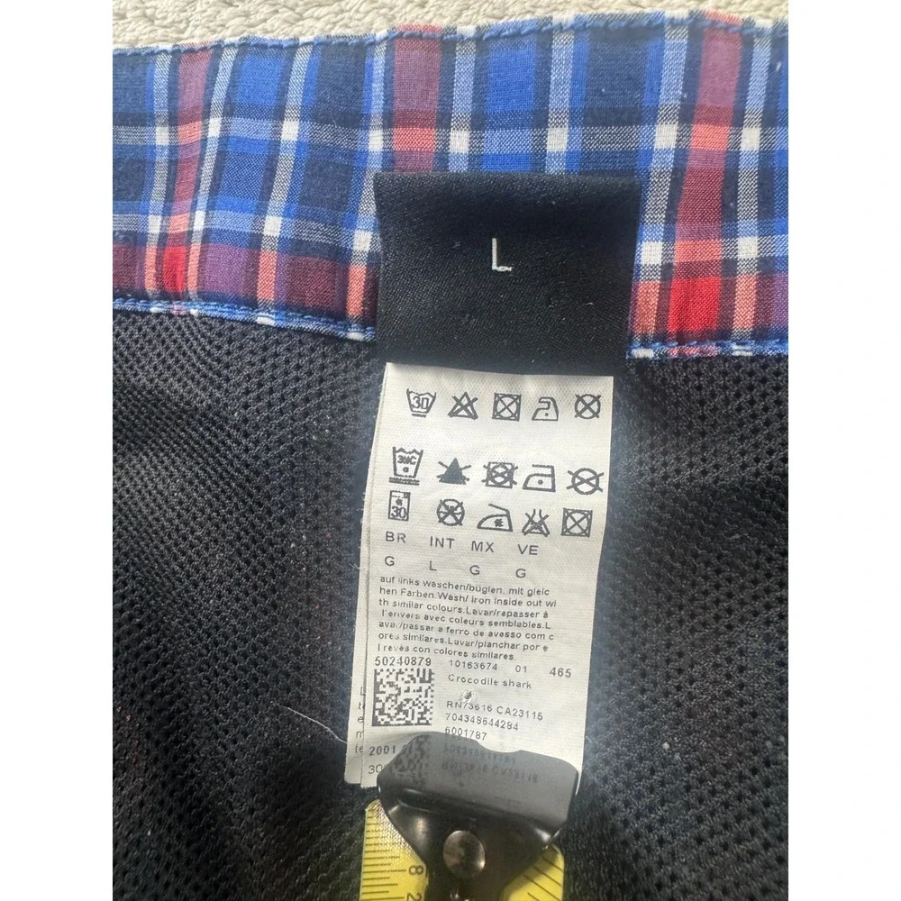 Hugo Boss Crocodile Shark Board Shorts Mens L Blue Red Plaid Mesh Built-In Brief